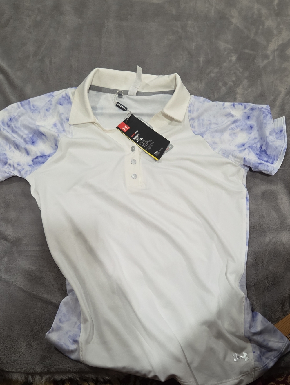 Under Armour Women's White Polo with Lavender Tie-Dye Accents
